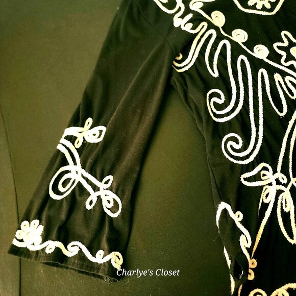 Black/White Metallic Embroidered V-neck Elevated Tunic By Objects Dart Sz. L - Picture 5 of 7